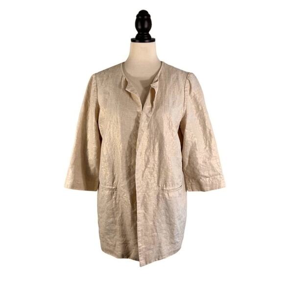 Chico's Linen Gold Shimmer and Beige  Open Front Blazer Jacket Size 1  Medium - Picture 1 of 8